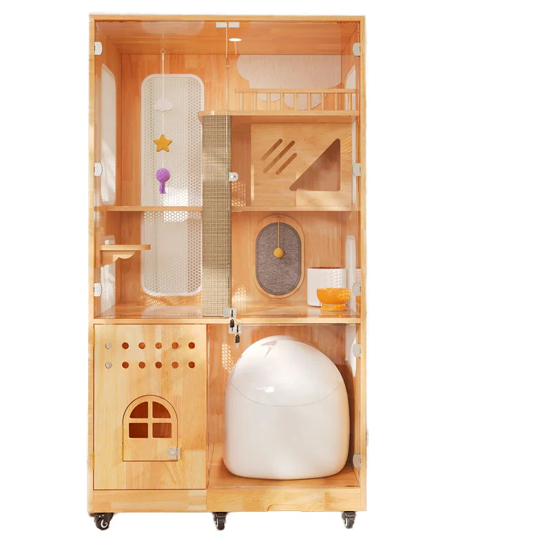 Custom-made Panoramic Pet House Furniture, Solid Wood Cat House Shell, Indoor Luxury Cat House Cage