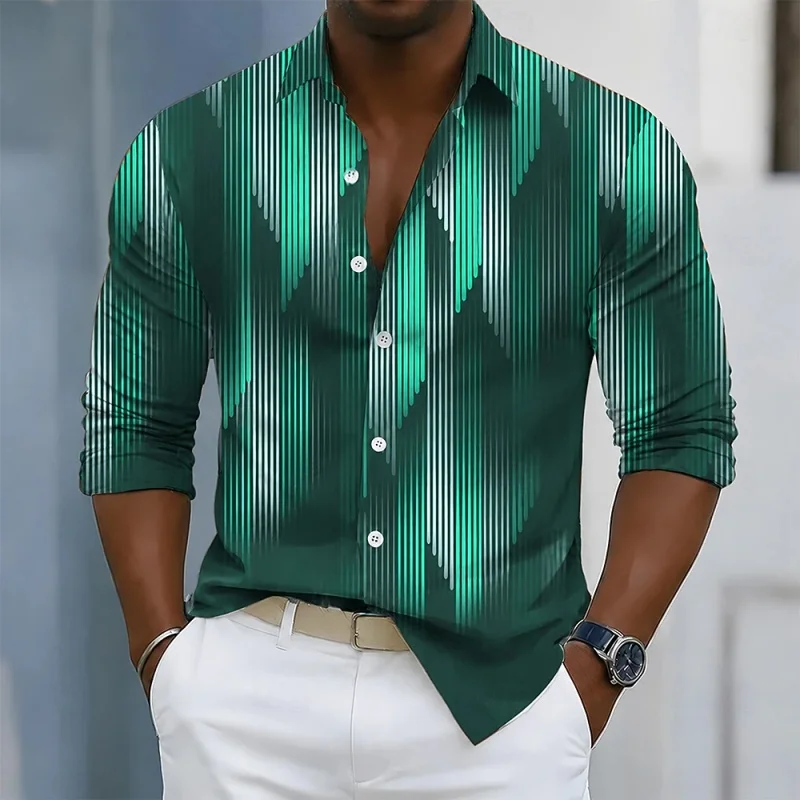 Men's shirt long sleeved shirt gray white abstract curve printed lapel cardigan loose lapel trendy casual men's shirt XS-6XL