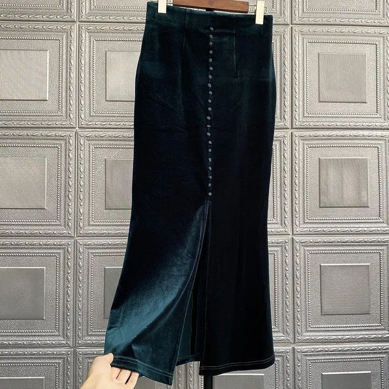 3XL Spring Autumn Vintage Velvet Black Midi Long Mermaid Skirt 2023 Fashion Women Elegant Velour Skirts Maxi J228