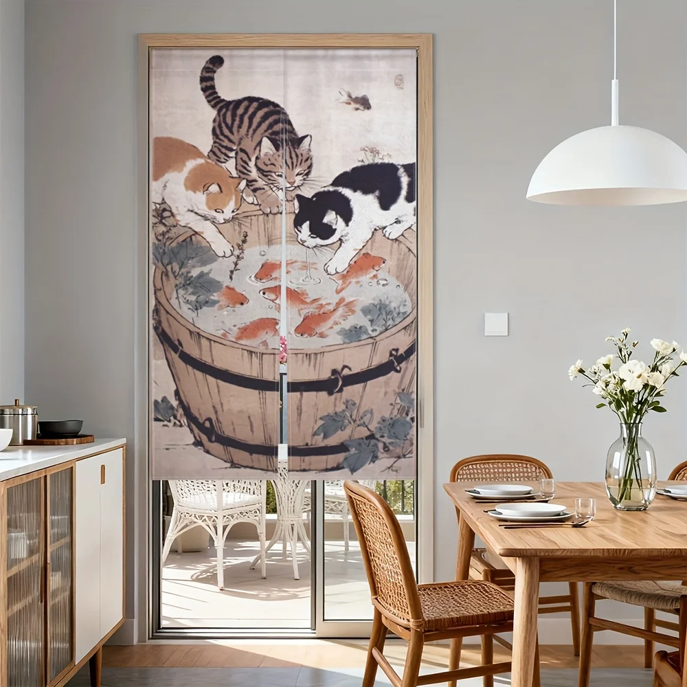 Flag Shape Japanese Cat Goldfish Door Curtain - 2D Flat Print Rod Pocket Partition Drape for Kitchen Pantry Tearoom Decor