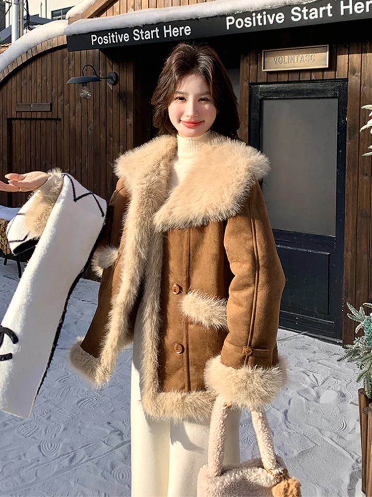 Lamb Fur Jaet Women's ort Sle Warmth Waterproof Rabbit Fur Top Thiened Autumn Winter New Arrival Commute Sle Loose Fit