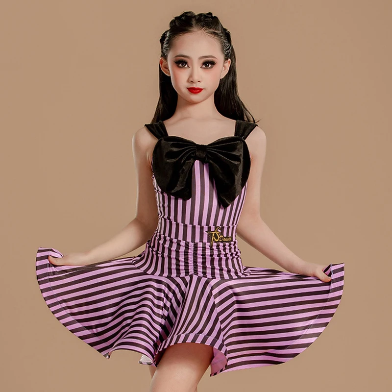 

Purple Stripe Latin Dance Clothes For Girls Performance Suit Kids Summer Latin Dress Rumba Cha Cha Dance Practice Dress BL14891