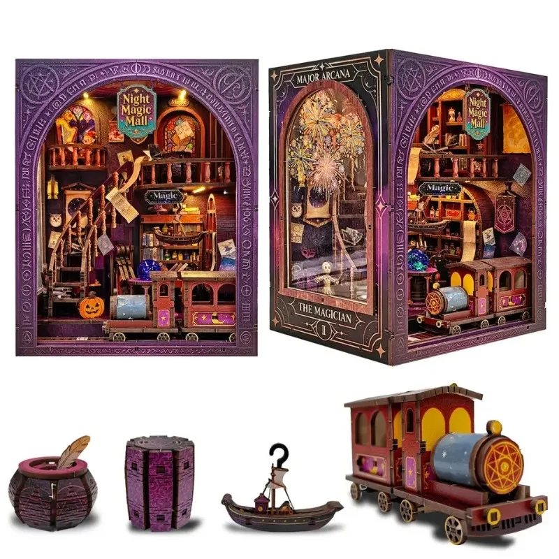 DIY Book Nook Shelf Insert Kit Night Magic Mall Bookend Miniature Dollhouse 3D Puzzle Assembly Model for Adults Birthday Gift