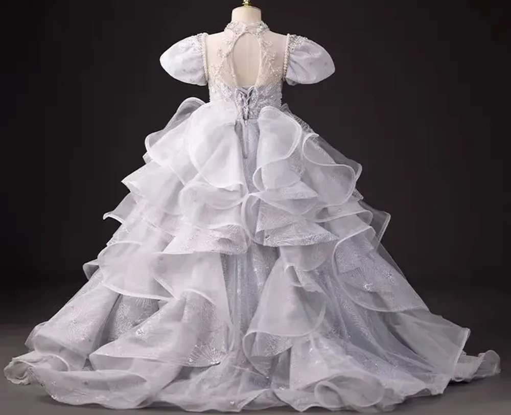 

Luxury Gray Flower Girl Dress Beaded Court Train Princess Gown for Kids Wedding Birthday Communion Evening Party