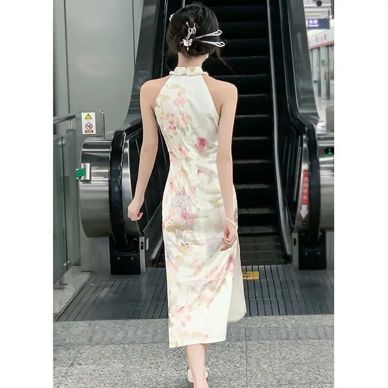 Chiński styl kwiatowy nadruk Cheongsam kobiety elegancka szczupła sukienka w stylu Qipao dama Sexy Bodycon imprezowe suknie wieczorowe Vintage Vestidos