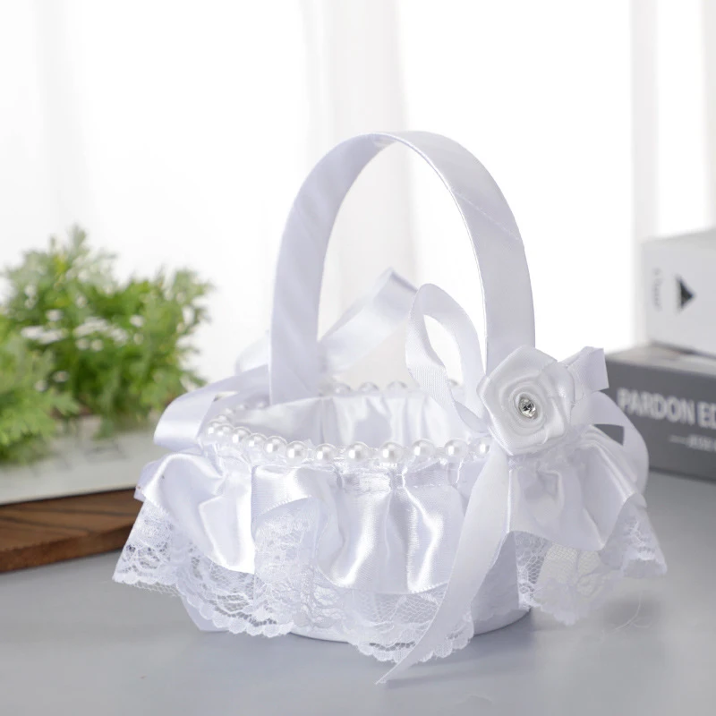 Hand Held Flower Basket para Noivas e Filhos, Pearl Lace, Branco, Simples, Casamento, Cerimônia, Decorações de Festa, Meninas