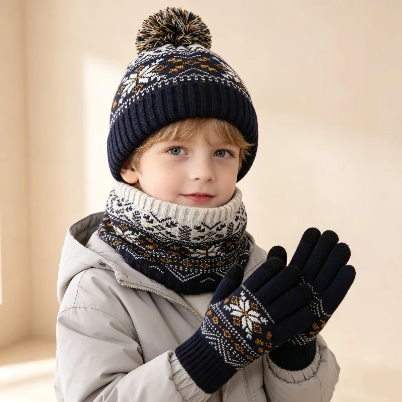 3Pcs Set Kids Winter Knitted Hat Scarf Gloves Pom Pom Beanie Hat Warm Neck Warmer Cold Weather Accessories for Boys Girls Cap