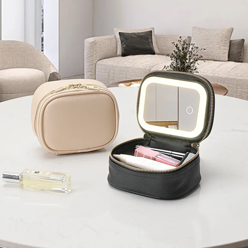 

Portable Mini Travel Makeup bag with LED Light Mirror Waterproof PU Cosmetic Storage Box USB Charging