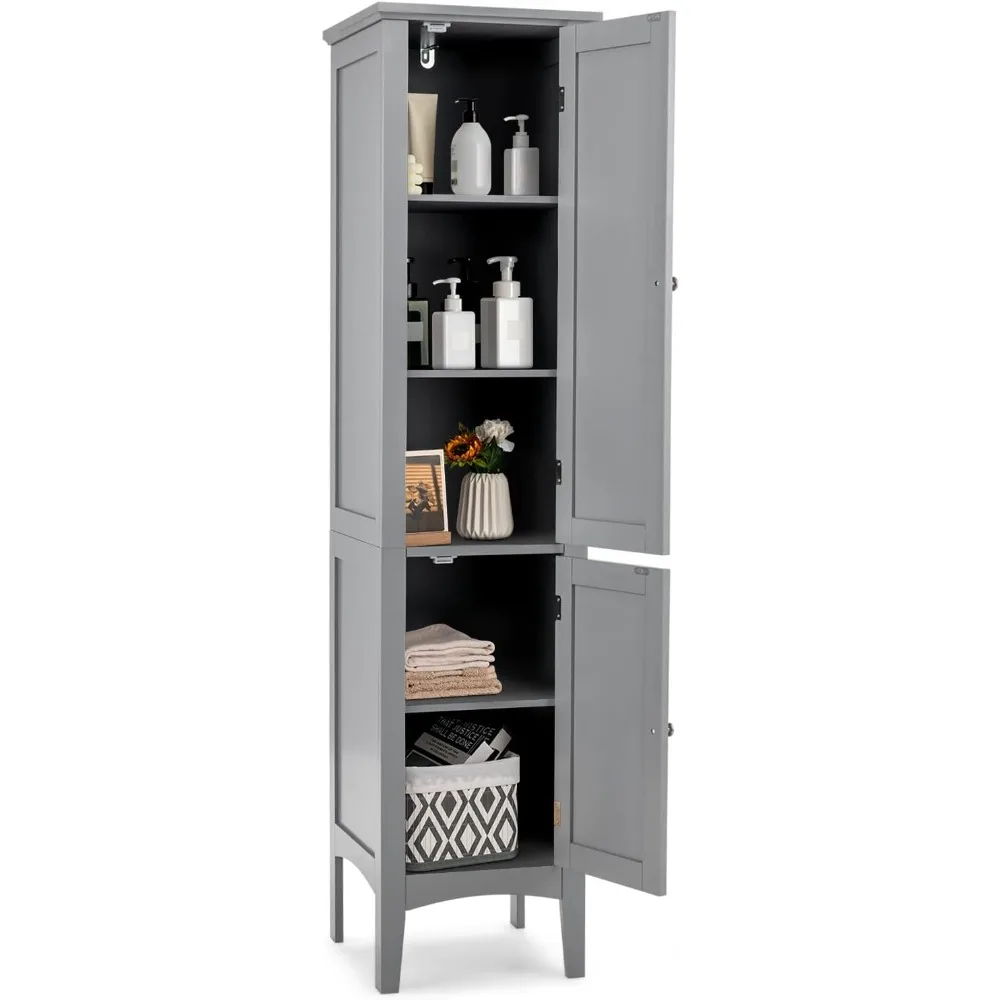 

Tall Bathroom Storage Cabinet, 5-Tier Freestanding Linen Tower Cabinet with 2 Doors, Wooden Side Storage Organizer for Bathroom