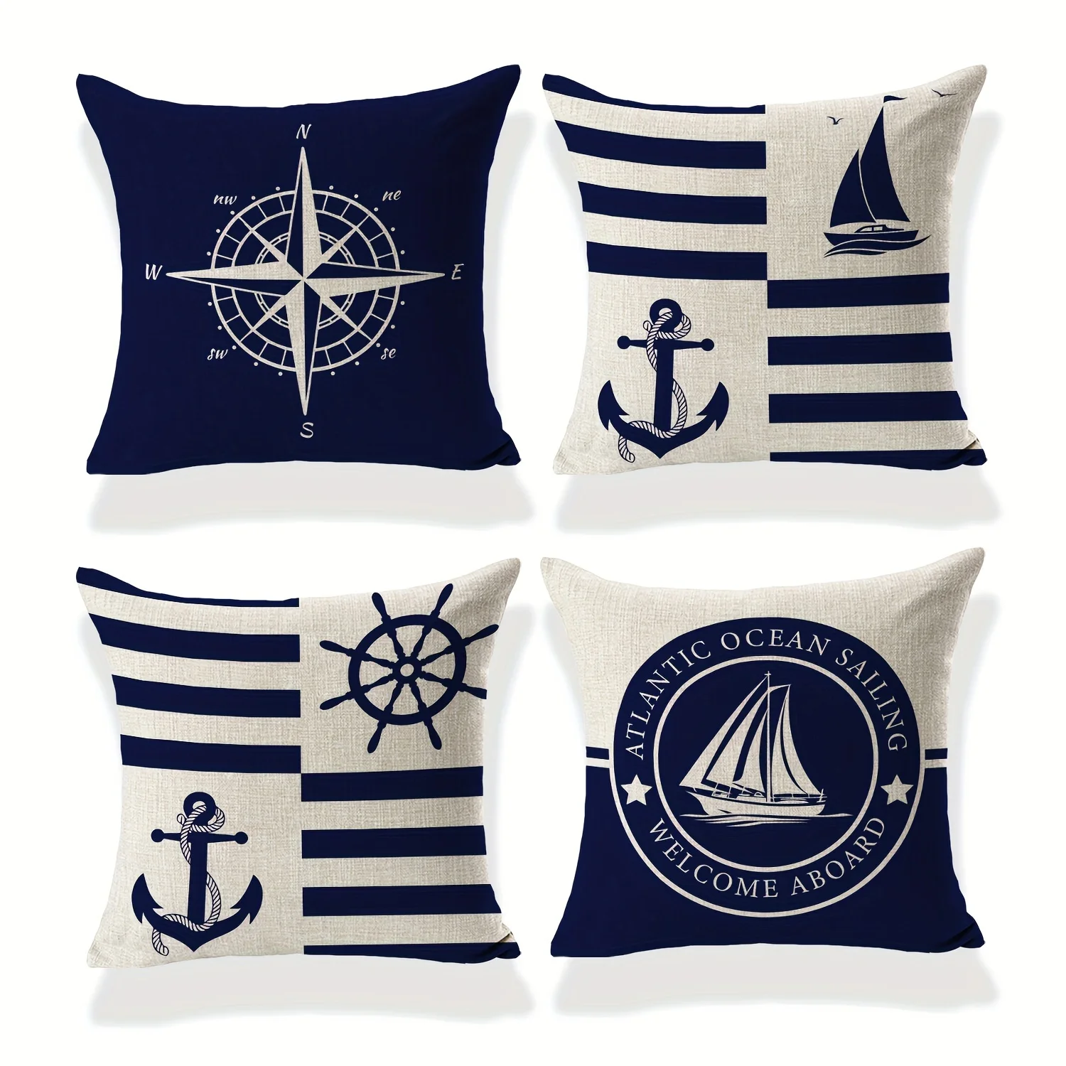 4 Pcs Nautical Linen Throw Pillowcases Blue Series 18x18 Inch Sailboat Compass Anchor Memorial Decorative Cushion Cover