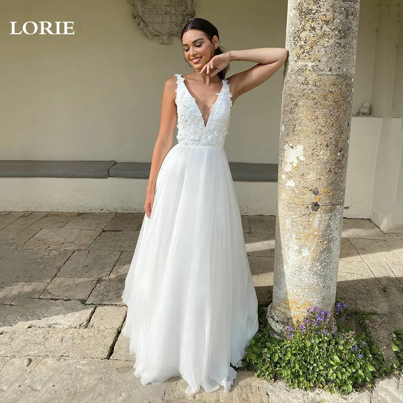 

LORIE Vintage Lace Wedding Dresses A Line V Neck Boho Bride dresses Sleeveless Floor Length Vestidos de novia 2022 Wedding Gowns