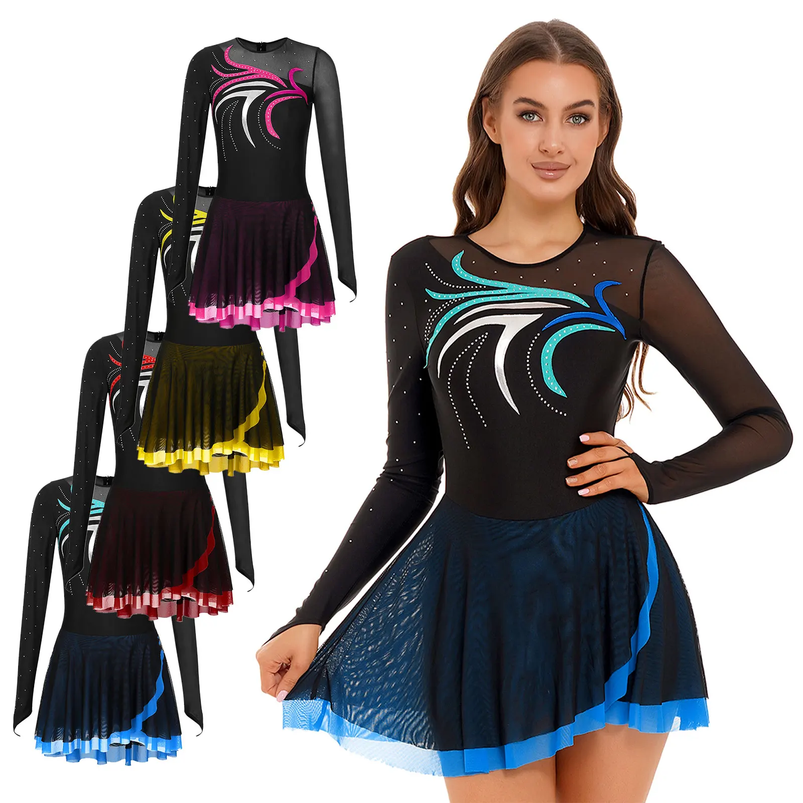 Kunstschaatsjurk Dames Volwassenen Balletoutfits Strass Sheer Mesh Ballerina Competitiekleding Gymnastiek Turnpakje Jurk