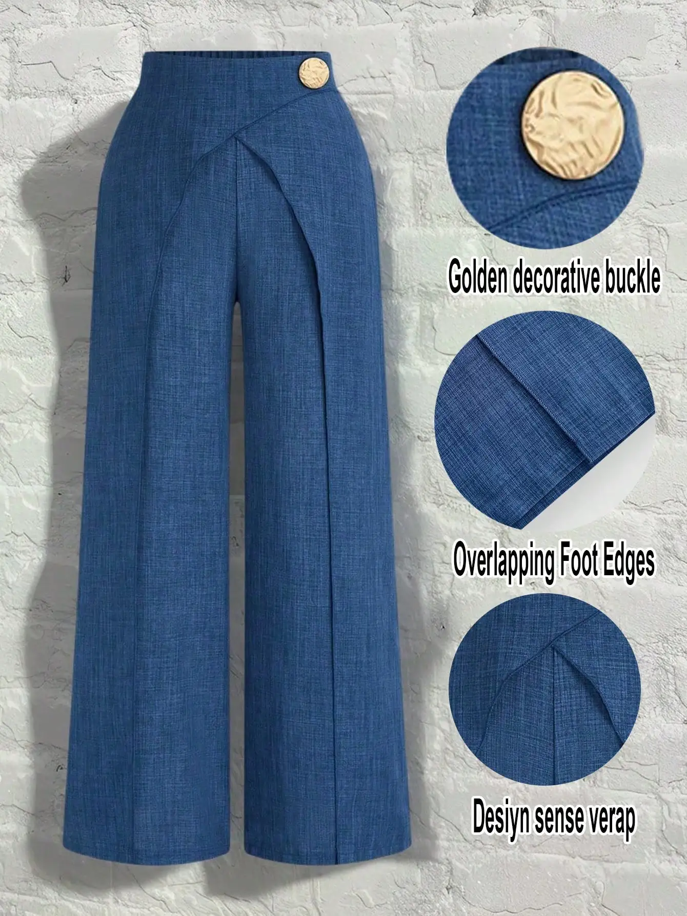 

Women's Wide-Leg Pants with Gold Buckle, Overlapping Hem, Faux Denim Fabric