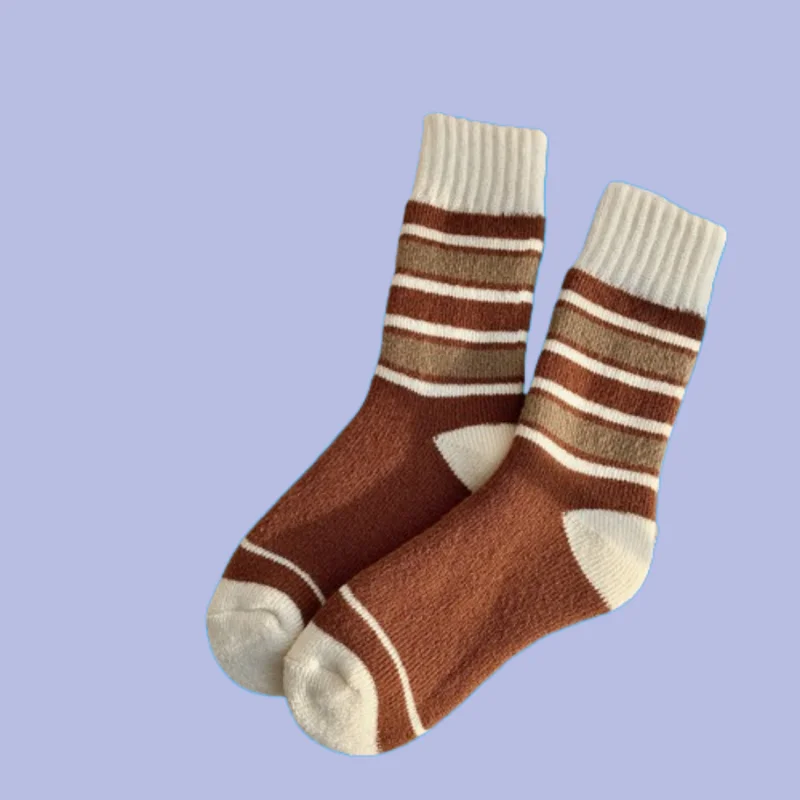 Chaussettes épaisses à rayures avec nœud pour femme, mi-tube, velours, éponge chauffante, longues, automne, hiver, nouveau, 2/4 paires