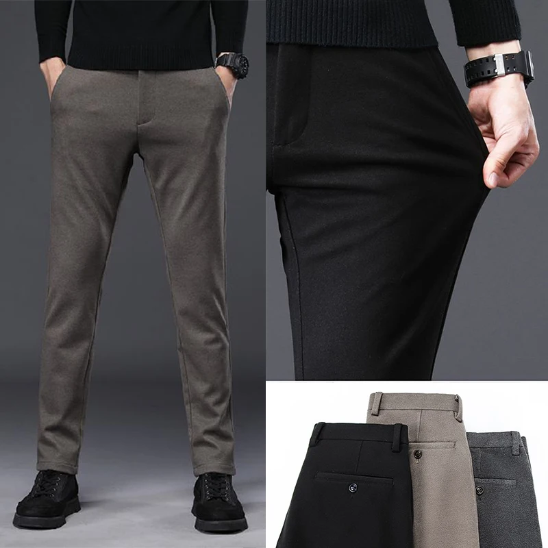 

Spring Autumn warm blend comfortable thickened fabric pants men's loose straight leg business casual pants