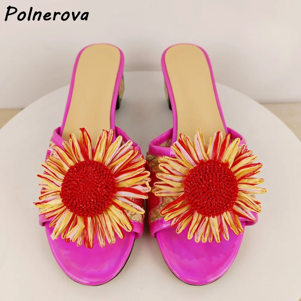 Sunflower Embroidered Painted Heel Slippers Open Toe with Handmade Floral Slide Sandals Block Heel Bohemian Summer Shoes
