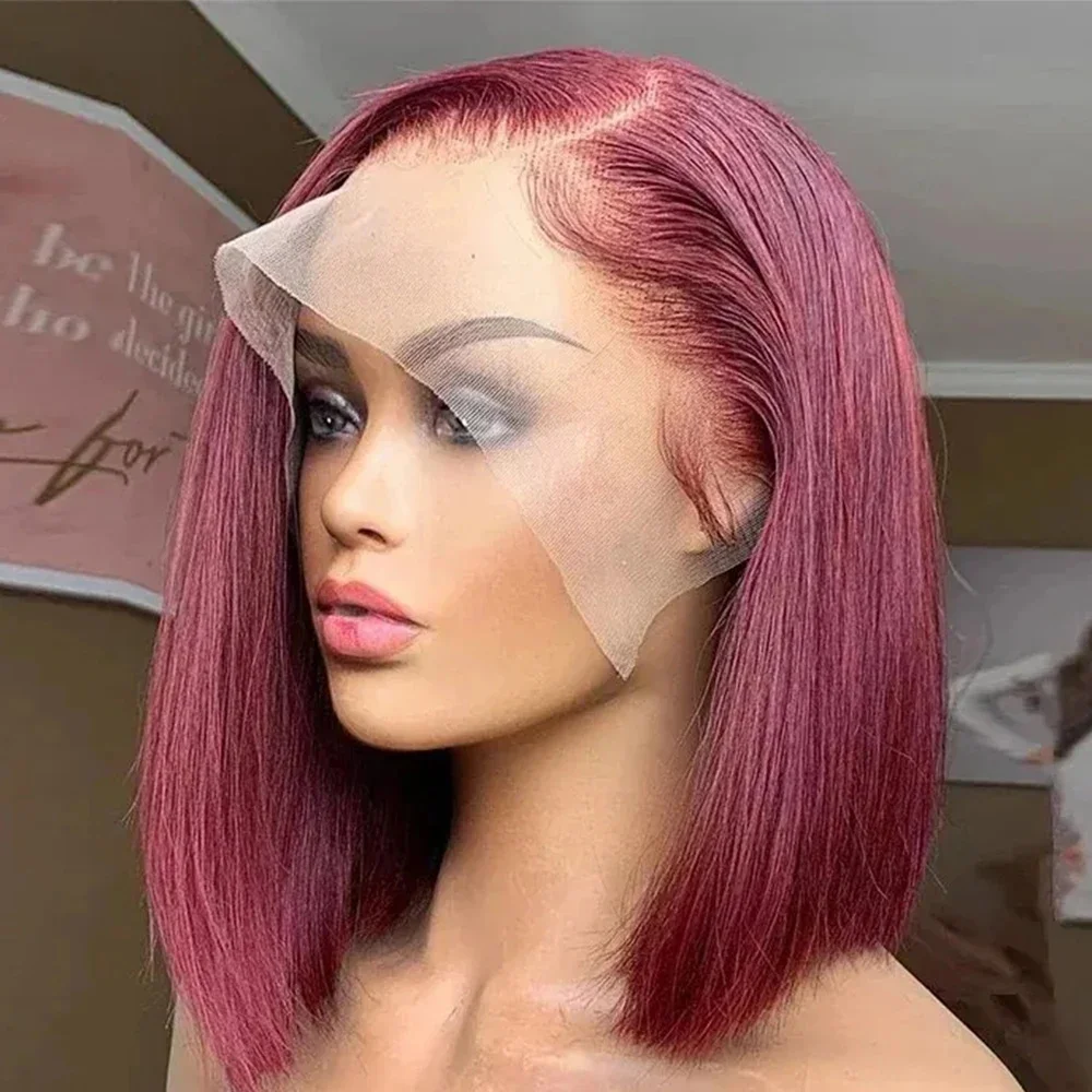 99J Burgundy Bob Lace Frontal Wig Human Hair 13x4 Straight 180 Density Transparent Red Color Lace Front Wigs Bob Human Hair