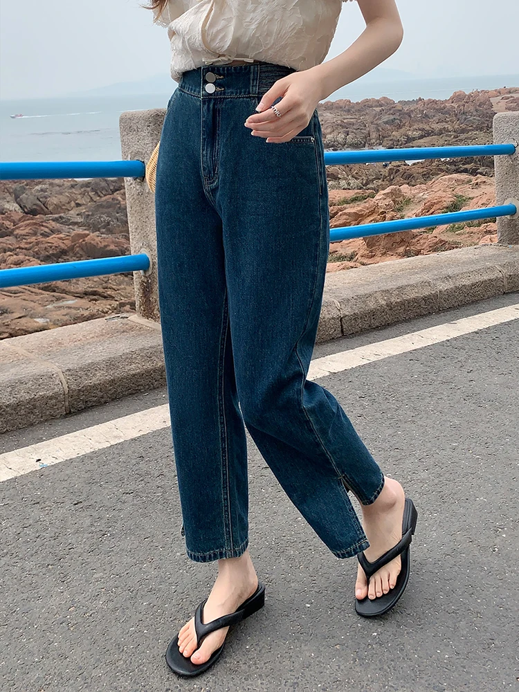 

Джинсы Maxixi для женщин больших размеров, с боковыми разрезами, прямые, с высокой талией, синие, джинсовые, повседневные, удобные, летние, модные женские брюки