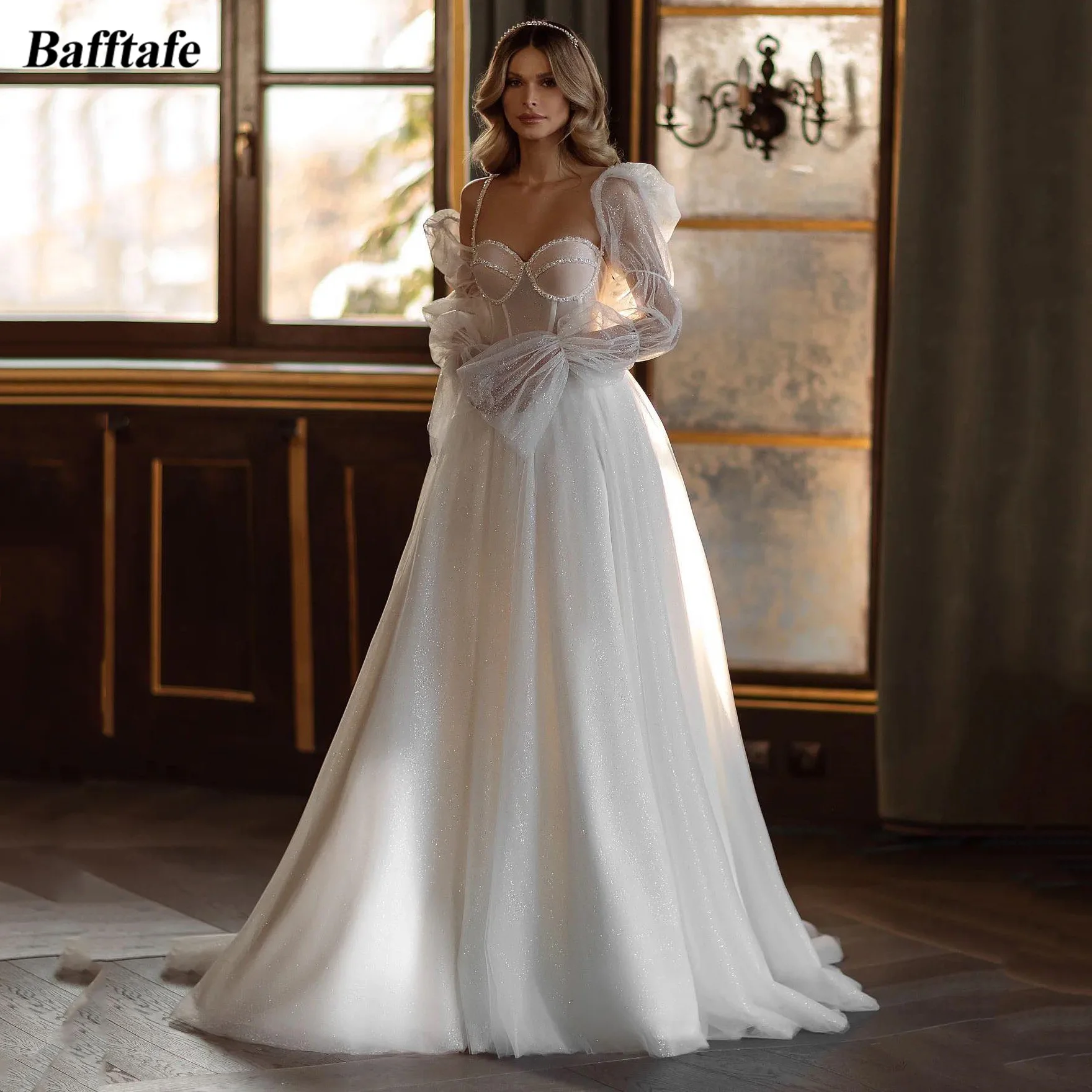 

Bafftafe Dubai Arabic Women A Line Shiny Tulle Wedding Dresses Detachable Puff Long Sleeves Bridal Gowns Corset Back Bride Dress