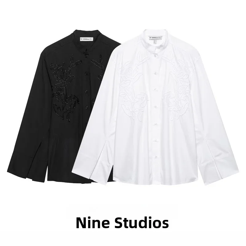 

NINE ZA Women's Loose Fit Long Sve Cotton irt Embroidered Casual Sle Pure Color Retro Versatile Top Commute Ready