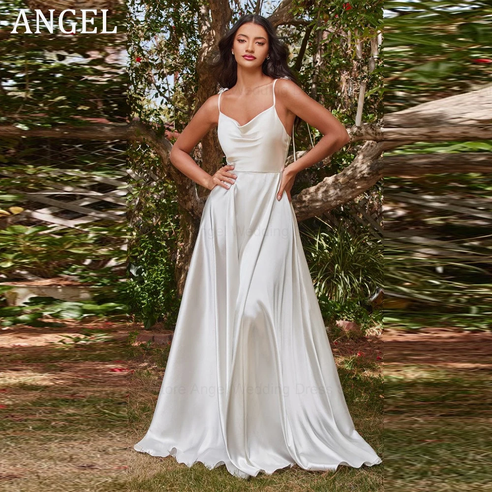 

ANGEL Spaghetti Straps Wedding Dresses Lace Applique Vestido De Novia Boho Tulle Buttons Beach Bridal Gowns Civil Bride Party