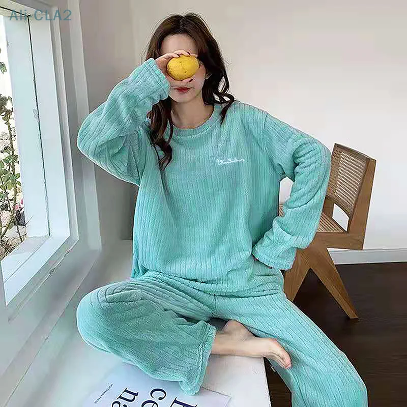 Women Winter Pajama Set Fleece Sleepwear Homewear Thick Warm Velvet Female Suit