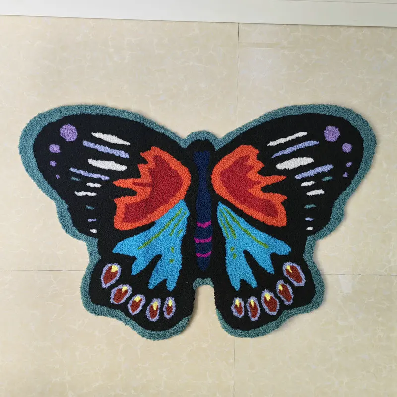 Butterfly Shape Funky Area Rug for Living Room Bedroom Bathroom 3D Embroidery Carpet Plush Colorful Art Butterfly Wing Floor Mat