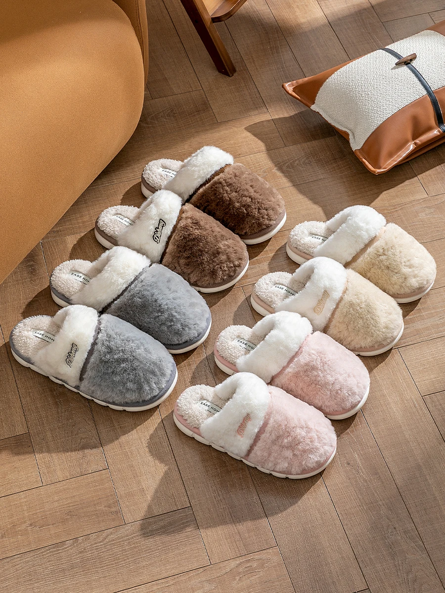 

TZLDN Fashion Couple Winter Slides Warm Plaid Fluffy Slippers Soft Sole For Women Men Home Indoor Non-slip Children Cotton Shoes