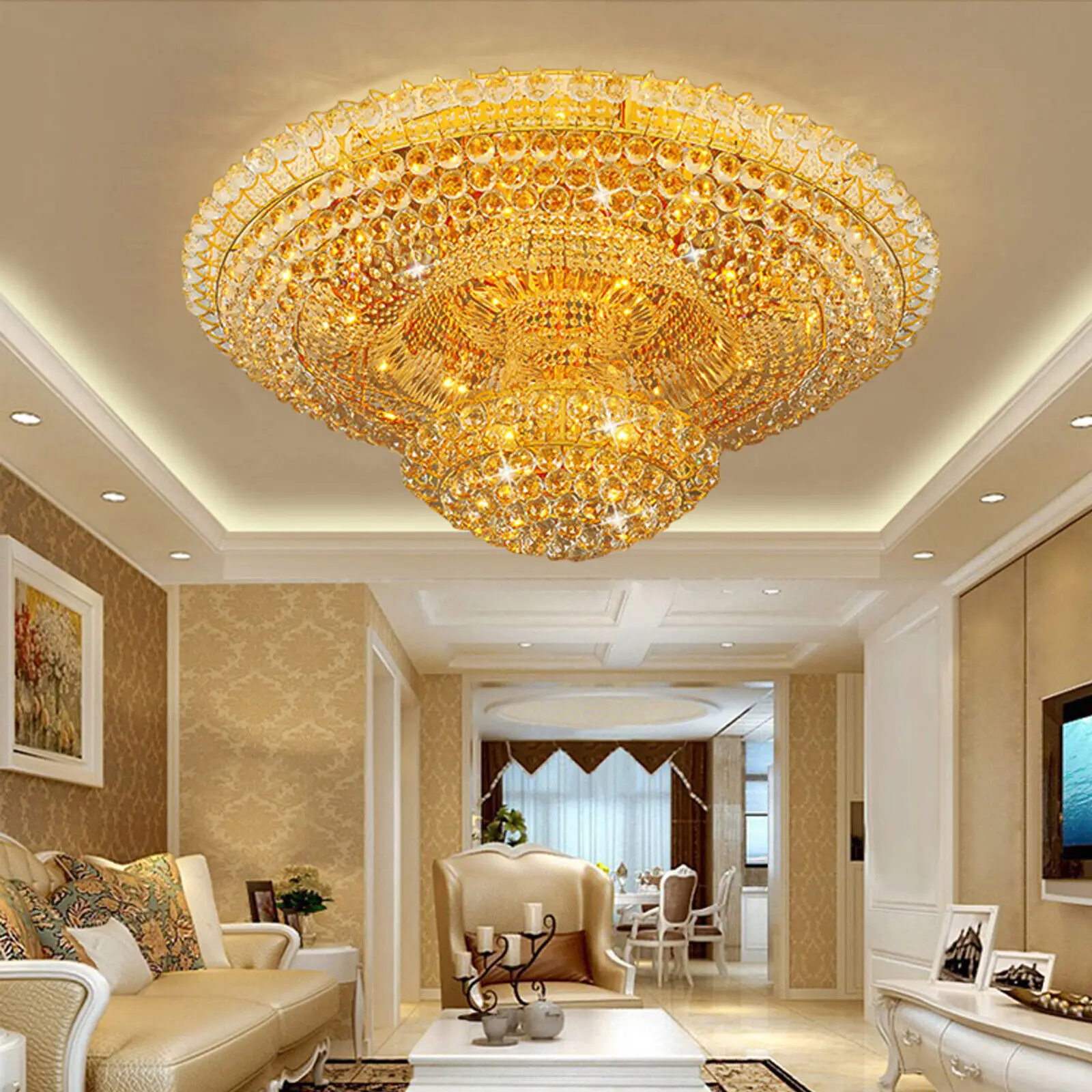 Gold Luxury Crystal K9 Chandelier LED 7 Colors Ceiling Pendant Fixtures Lighting