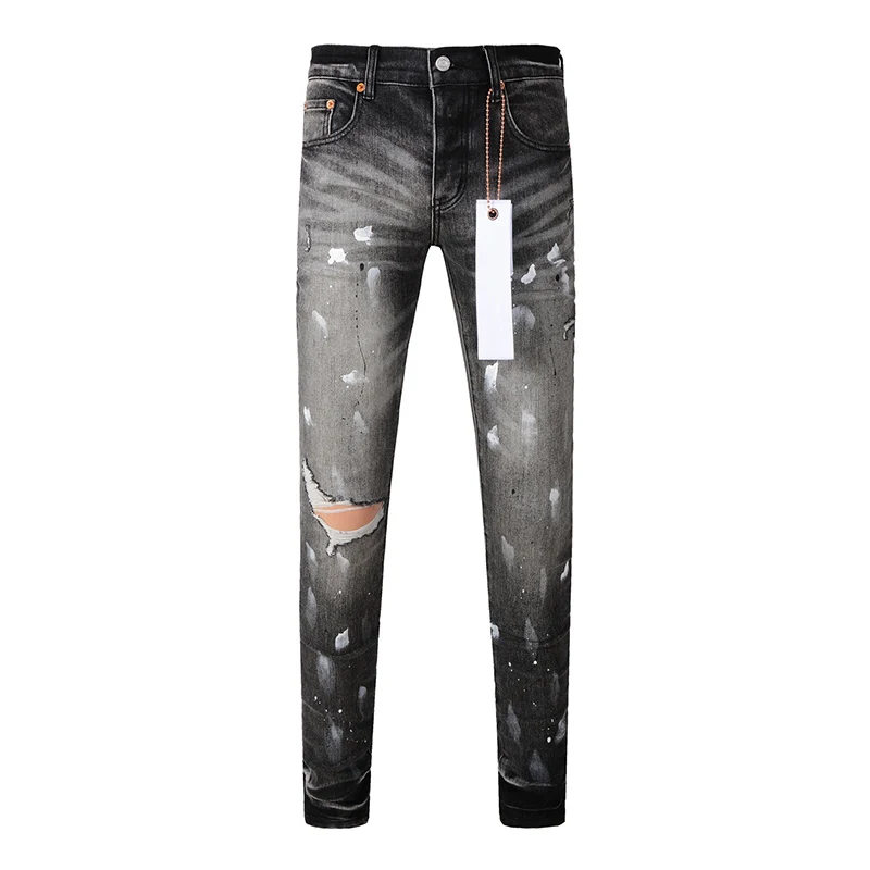

Men's Distressed Stretch Skinny Gray Black American Streetwear Purple Destroyed Holes Graffiti Brand Ripped Jeans