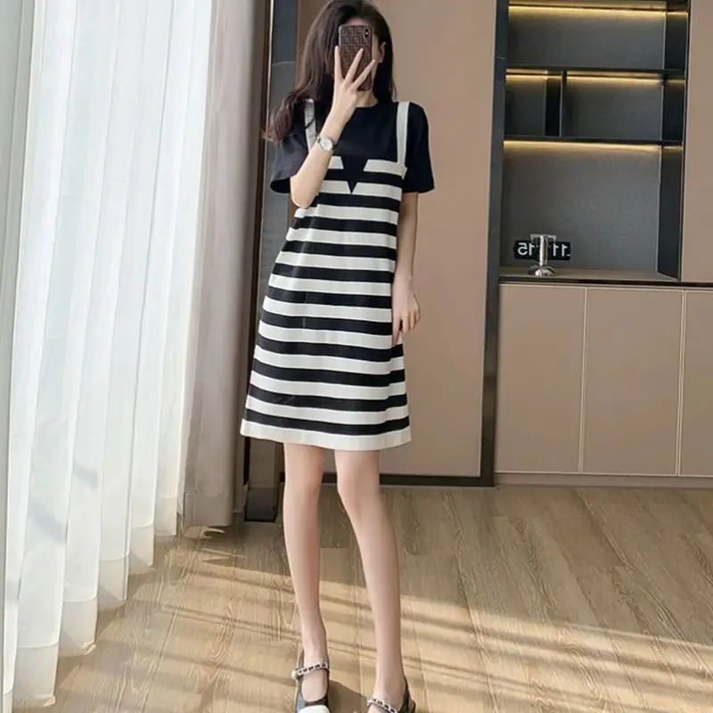 Commute Fake Two Pieces Dresses Female Clothing Korean Striped Spliced Loose Summer Short Sleeve Casual Round Neck Midi Dress