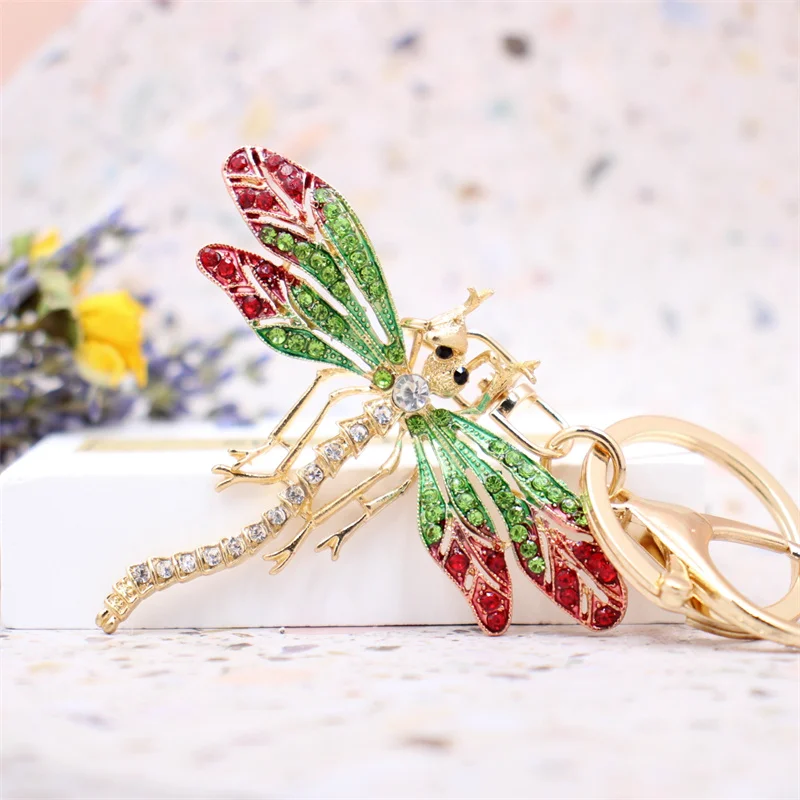 Dragonfly Insect Keychain Rhinestone Crystal Keyring Car Key Chain Women DIY Key Holder Ring Jewelry Gifts Accessory Wholesale