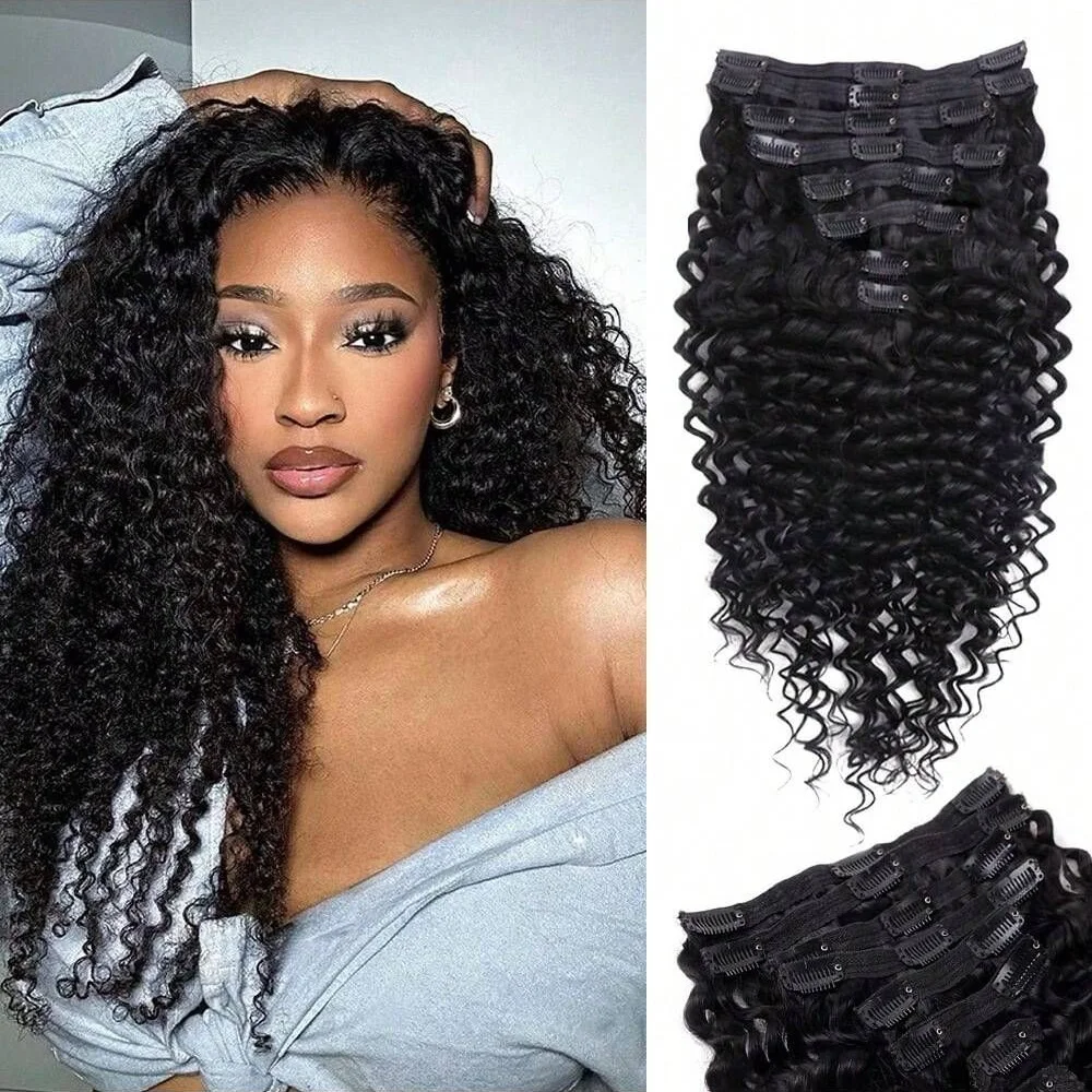 

Deep Wave Clip ins Наращивание человеческих волос Черный натуральный зажим для волос для длинных волос 8 шт. 100 грамм человеческих волос
