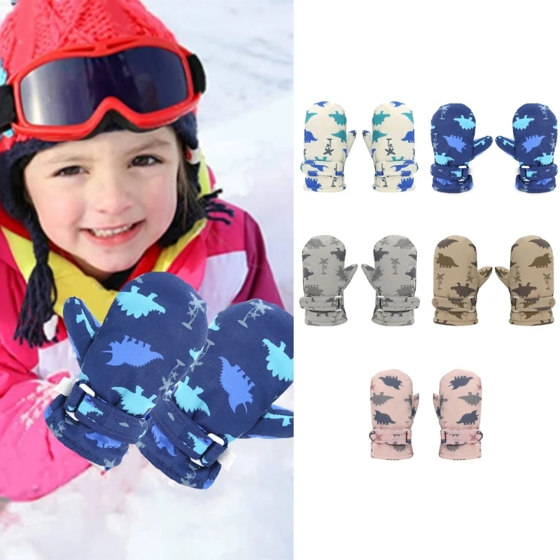 67JC Windproof Kids Gloves Waterproof Outdoor Sports Gloves for Child Cartoon Dinosaur Ski Mittens Skating Hiking Essential