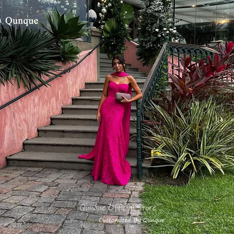

Qunque Fuchsia Lace Evening Dress Ribbons Floor Length Birthday Dresses For Woman Sweetheart Vestidos Para Mujer Customized