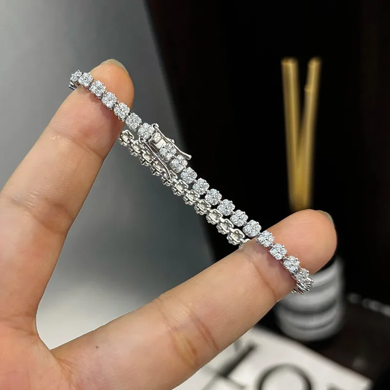 

Iced Moissanite Flower Chain Bracelet 925 Sterling Silver Fine Women Jewelry Mosan Diamond Link Bracelets Bangle Pass Tester