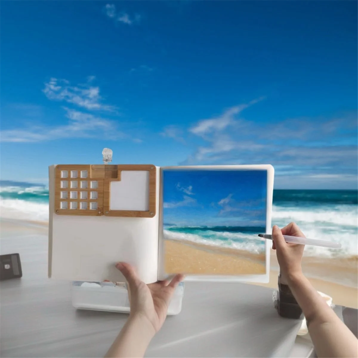 여행용 수채화 페인트 세트, 작은 팔레트, 스케치북 브러시, 나무 15 그리드 팔레트, 클립 포함