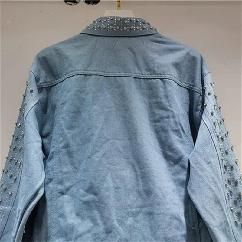 Chaqueta vaquera azul con cuentas de diamante para trabajo pesado, chaqueta vaquera holgada informal para primavera y otoño, chaqueta vaquera de manga larga con cuello vuelto para mujer