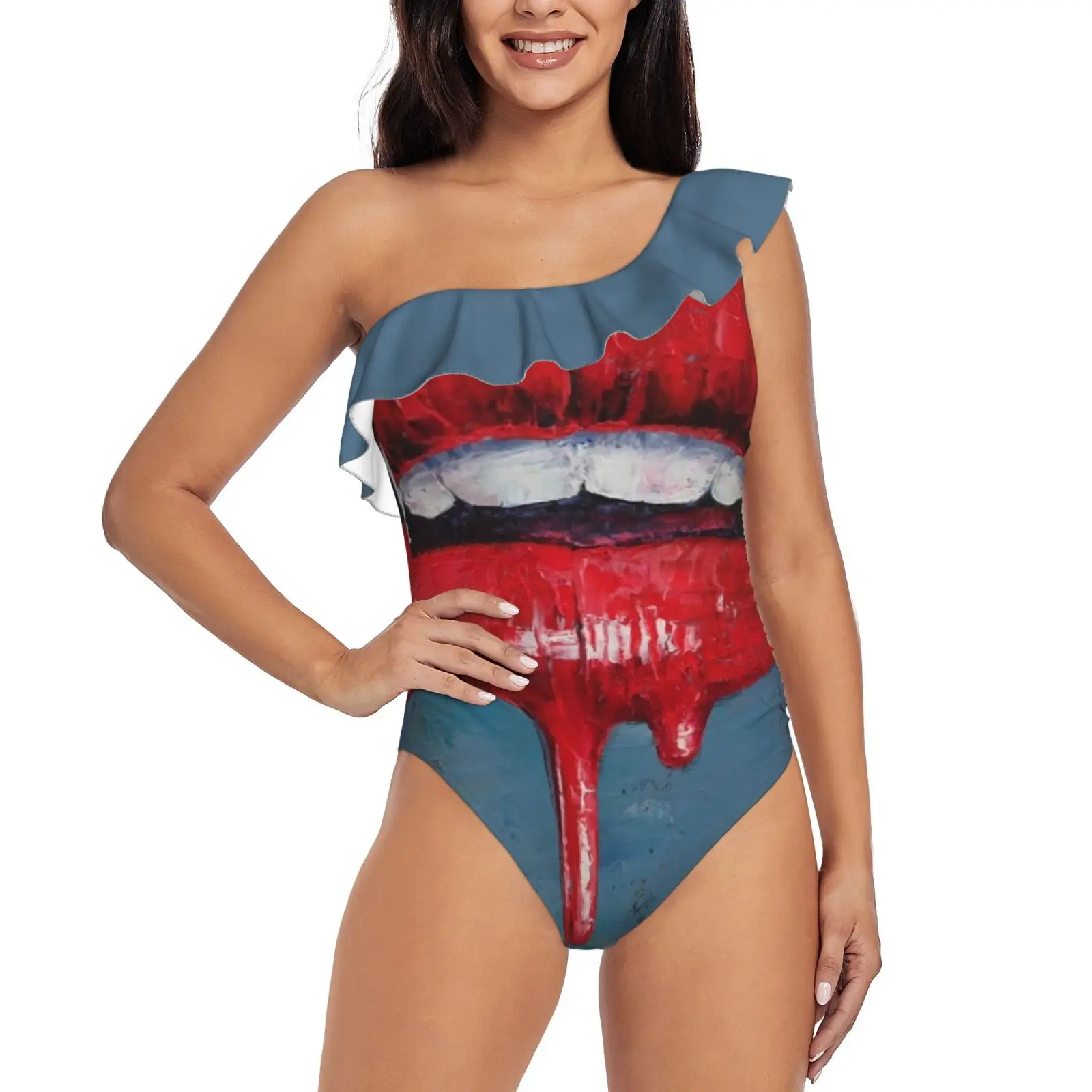 

Vampire One Shoulder Ruffle Swimsuits Sexy One Piece Swimsuit Women Swimwear Monokini Michael Creese Oil Painting Halloween