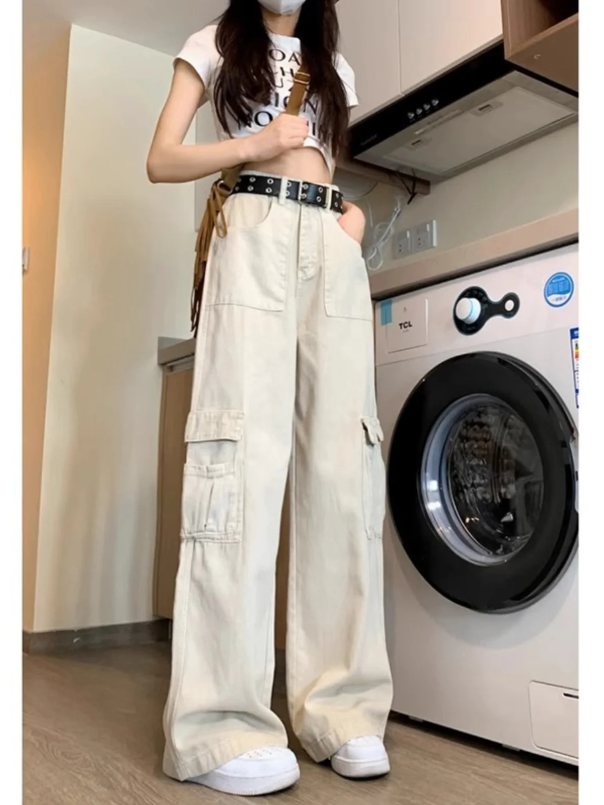 American sle workwear jeans cintura alta perna reta emagrecimento calças de perna larga primavera outono feminino faion casual denim