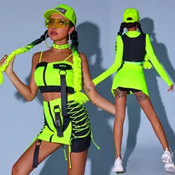 Neon Green Women Kpop Stage Rave Festival Outfit Nightclub DJ Stage Show Top Skirt Shorts Dance Costume Hip Hop Street Wear 2024