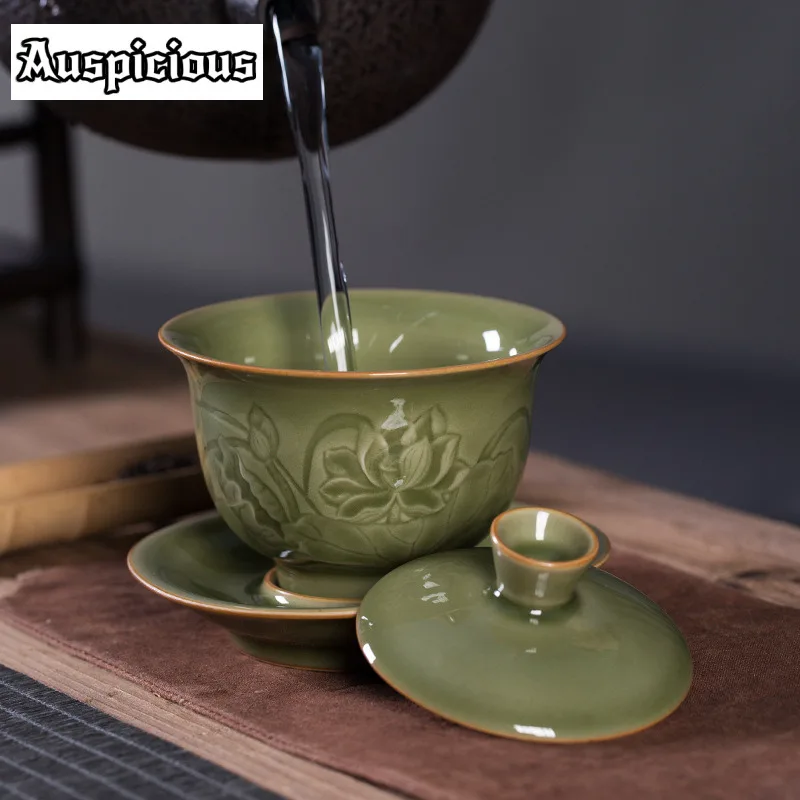 180ml Longquan Celadon Antique Galze Gaiwan Retro Lotus Tea Tureen Tea Bowl With Lid Kit Tea Maker Cover Bowl Tea Ceremony Gift - Image 2