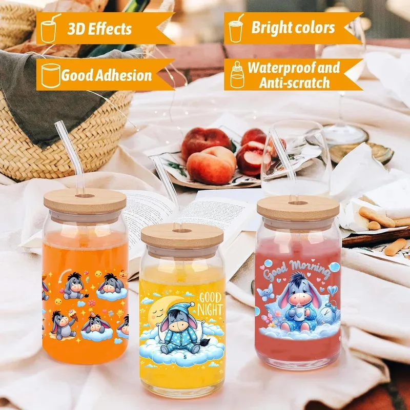 سلسلة ويني الكرتون سهلة التقشير مقاوم للماء لتقوم بها بنفسك الشارات ثلاثية الأبعاد نقل ملصقات uvdtf 16oz uv dtf كأس يلتف لنظارات Libbey