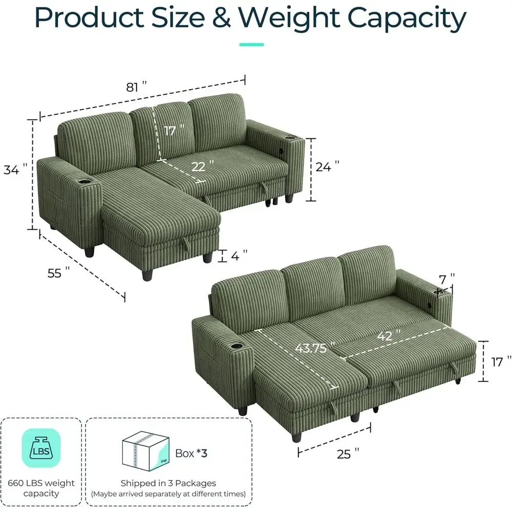 Sectional Sleeper Soa Pull Out Couches or Living Room (Green, Sleeper Soa 1) | Pull Out Soa Bed, Storage, USB Charging, Cup Hold