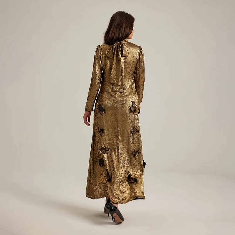 Luxury Runway French Autumn Golden 3D Floral Appliques Party Long Dress Elegant Women Stand Collar Lace Up Evening Robe Vestidos