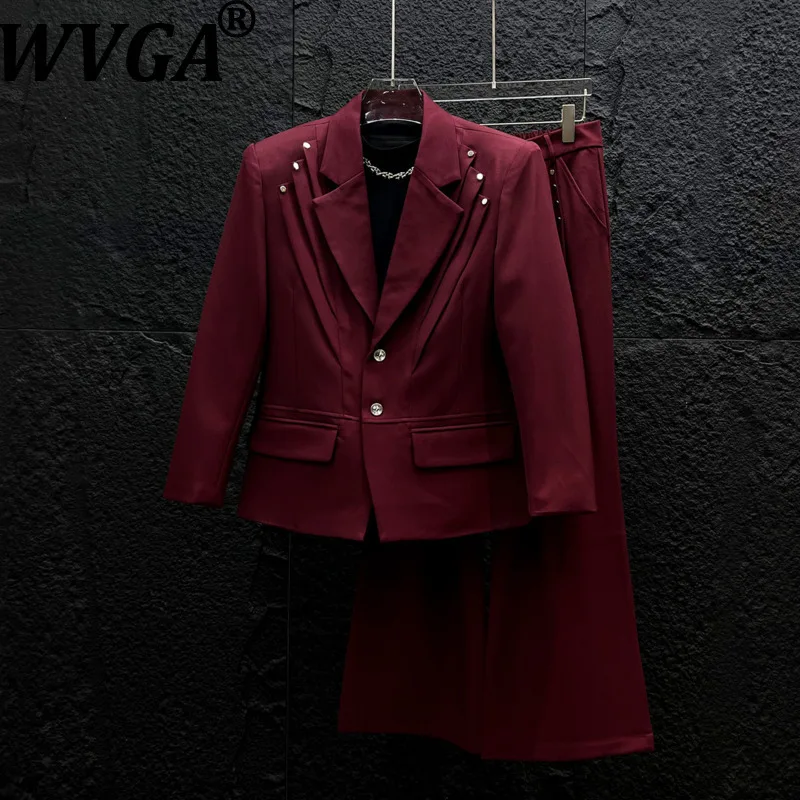WVGA Autumn New Men's Padded-shoulder Trendy Blazer Stylish Edgy Unique Design Metal Rivets Straight Pants Two Pieces Set W28625