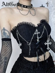 AltGoth Gothic Dark Punk Vest donna Streetwear Harajuku Grunge Lace Patchwork Cross Chian Lace-up cropet Crop canotte femminili