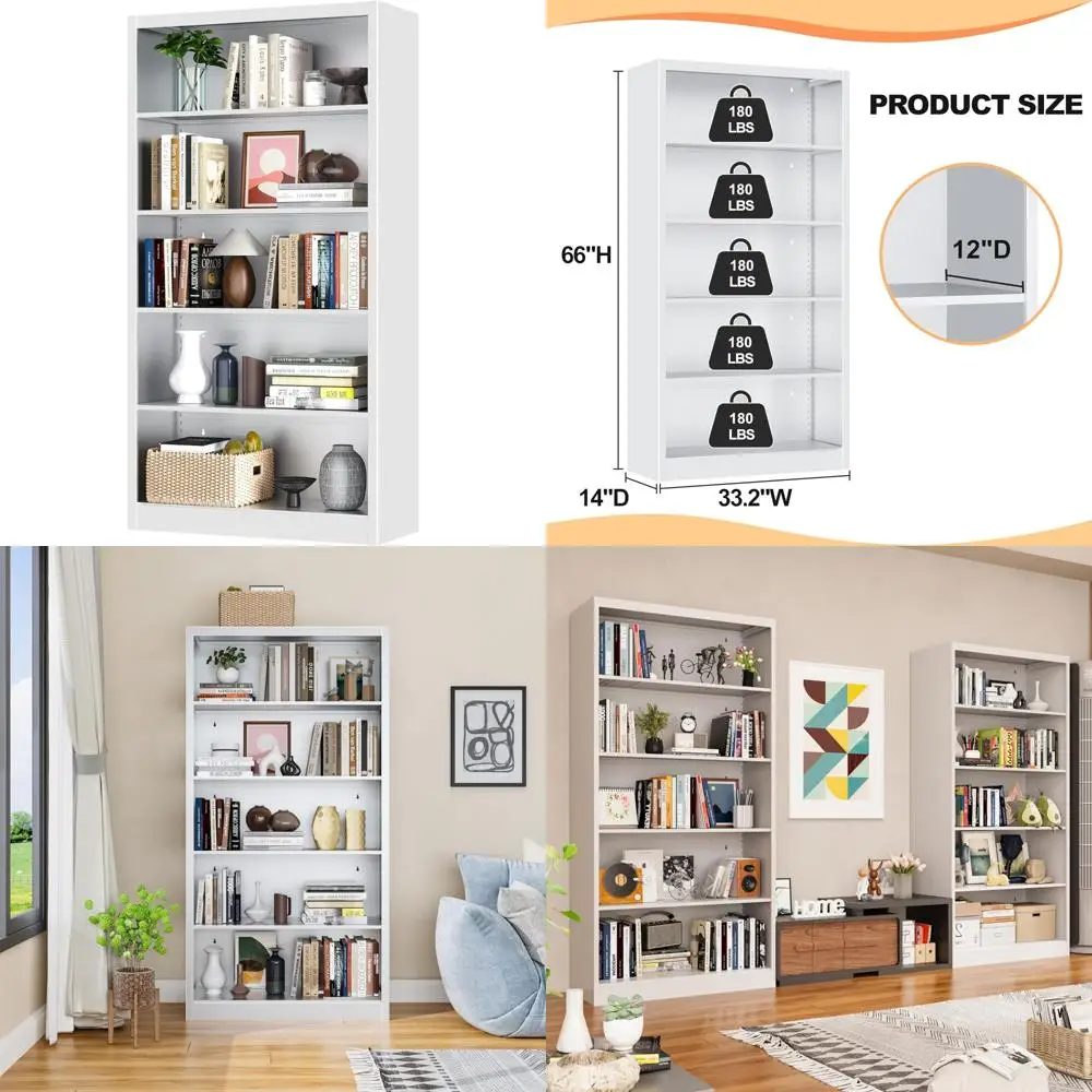 Large 5-Tier Adjustable White Metal Bookshelf - Modern Storage Solution for Books and Decor
