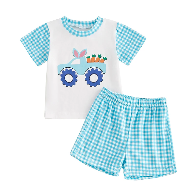 Toddler Boys Easter Shorts Sets Short Sleeve Bunny Carrot Car Print Tops and Plaid Shorts Sets