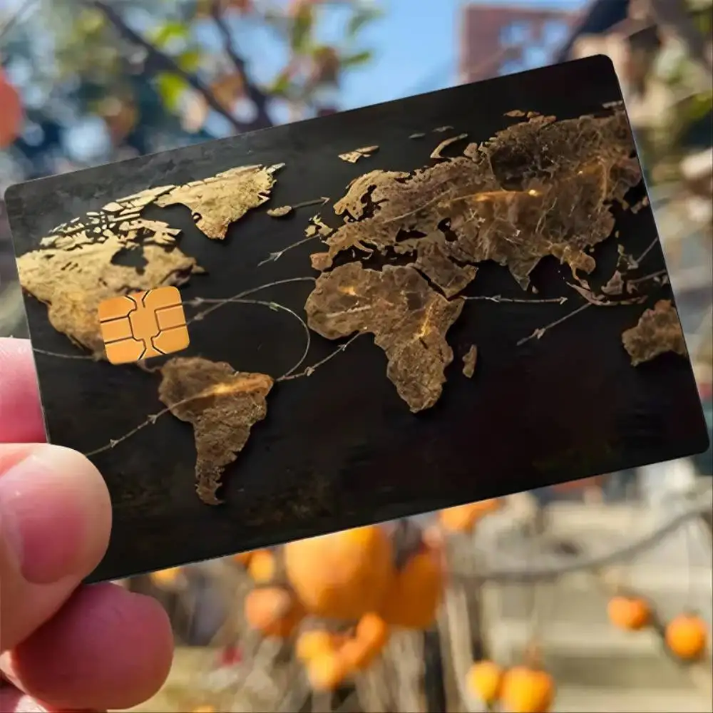 Abstract Golden World Map Credit Card Sticker Bubble Free High Quality PVC Decal For EBT Debit Transit Small Chip Cards